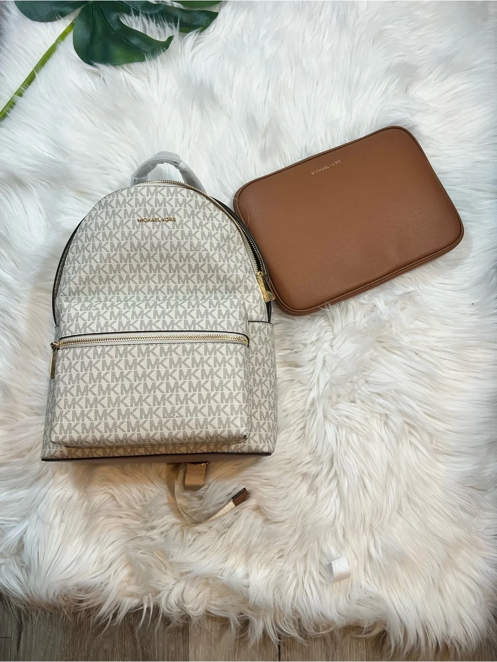 Michael Kors Cream Logo Backpack with Acorn/Tan Trim
